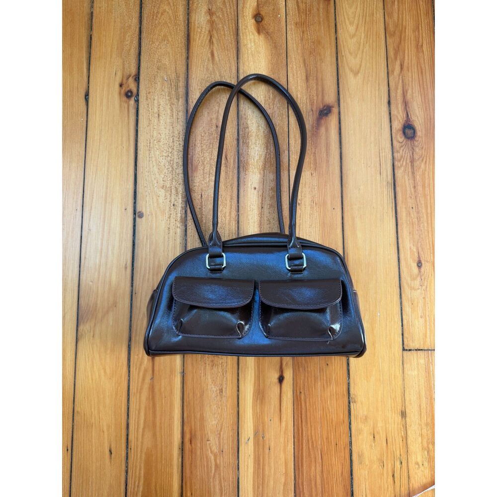 Brown Purse Shiny Mini Bowling Bag Two Pockets